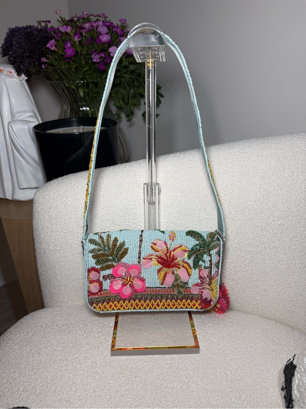 Handcrafted Tropical Floral Beaded Shoulder Bag - Light Blue